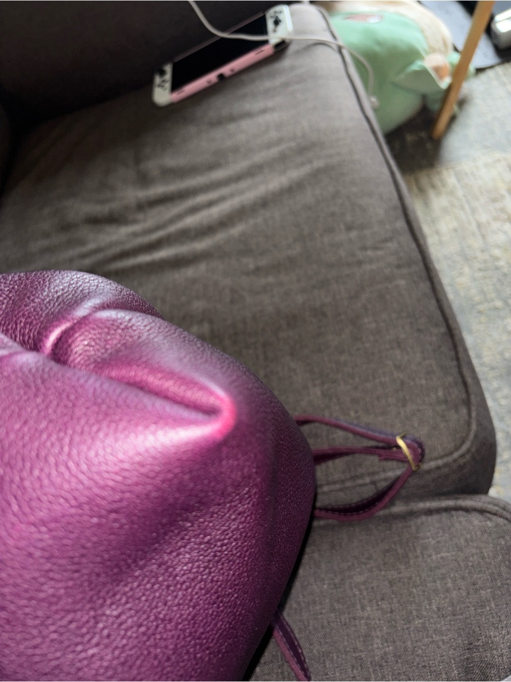 Large Plum Pebbled Leather Drawstring Shoulder Bag - Picture 6 of 8
